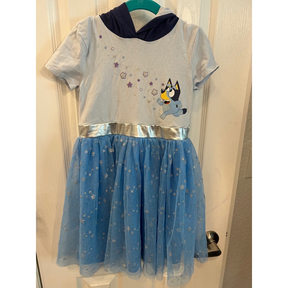 Bluey Hooded Tutu Dress Blue Silver Glitter Stars Character Ears Girls 6/7